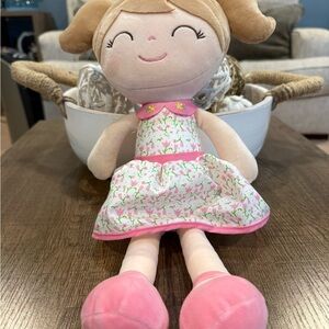 Gloveleya Doll Girl Brown Hair Pink Floral Dress Plush Stuffed